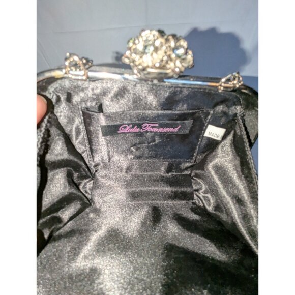 Lulu Townsend Black Satin Clutch Purse Bling Clasp & Convertible Chain 6 X 3.5 - Picture 7 of 12